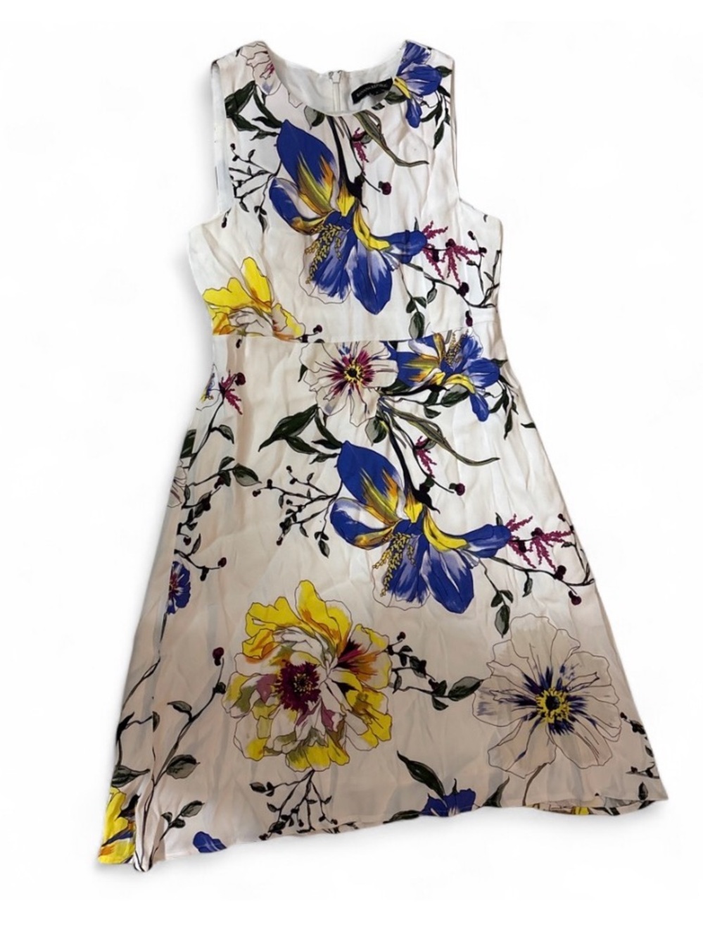 Banana Republic White Floral Sleeveless Dress with Blue & Yellow Blooms